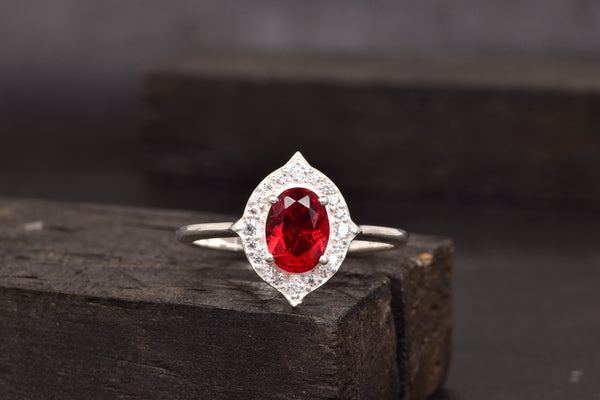 Oval Cut Red Ruby 925 Sterling Silver Statement Ring