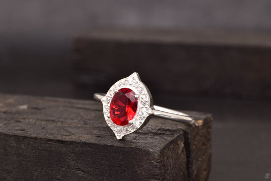 Oval Cut Red Ruby 925 Sterling Silver Statement Ring