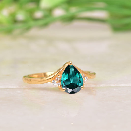 Green Emerald & Diamond Engagement Ring