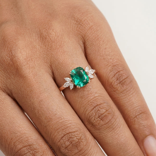 Green Emerald Marquise Diamond Cluster Engagement Ring