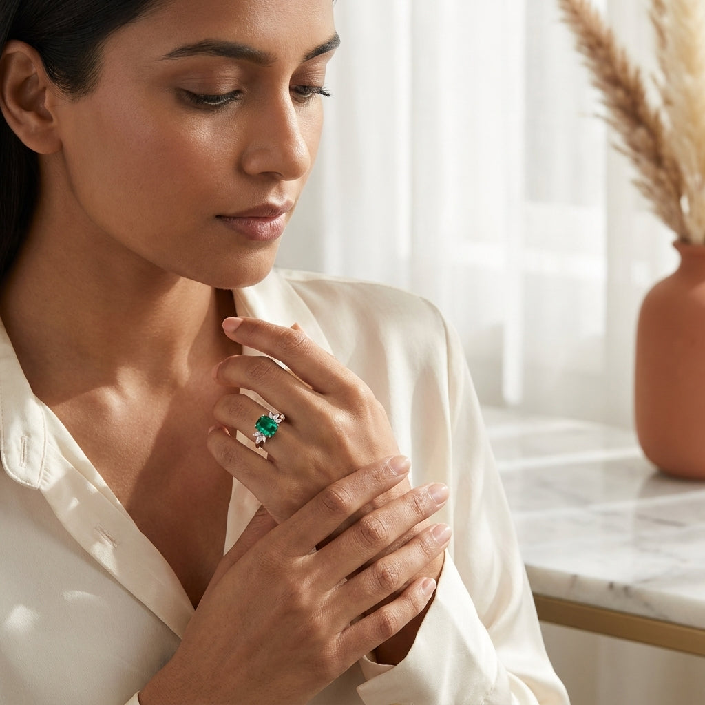 Green Emerald Marquise Diamond Cluster Engagement Ring With Model