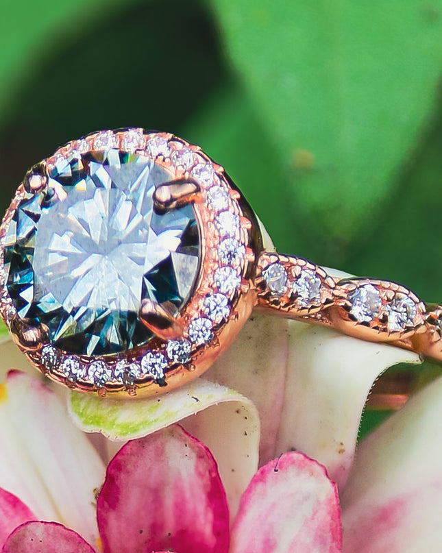 This 2ct Exquisite Grey Round Brilliant Cut Moissanite Solitaire Ring
