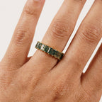 Baguette Cut Moss Agate Stone Wedding Band with model hand