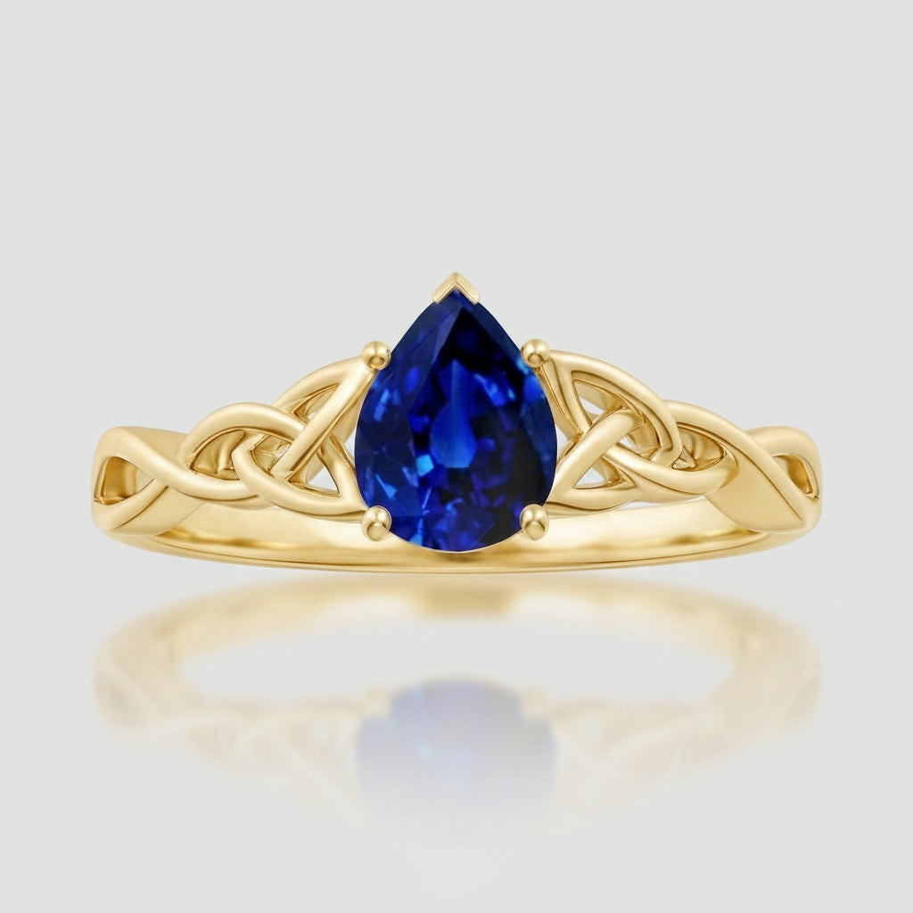Pear-Shaped Blue Sapphire Celtic Knot Engagement Ring with gold plated