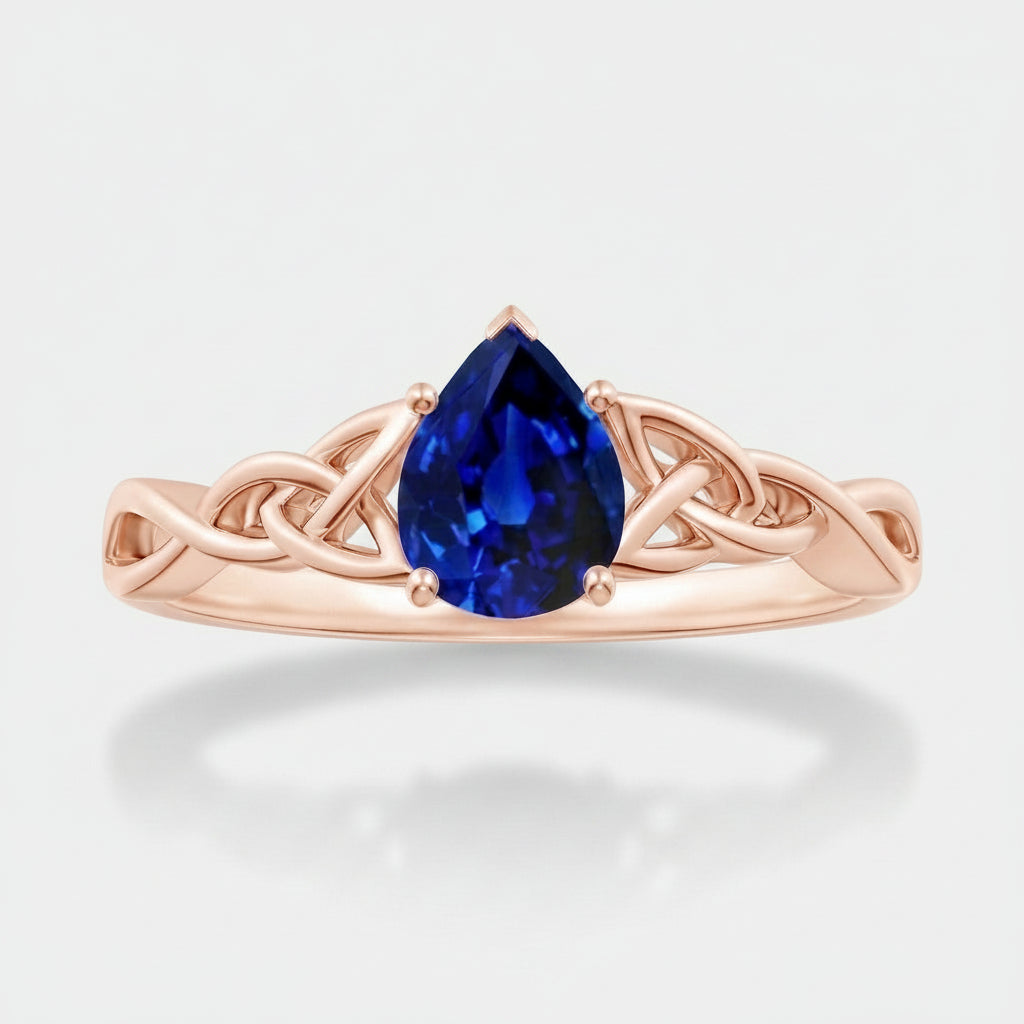 Pear-Shaped Blue Sapphire Celtic Knot Engagement Ring with rose gold plated