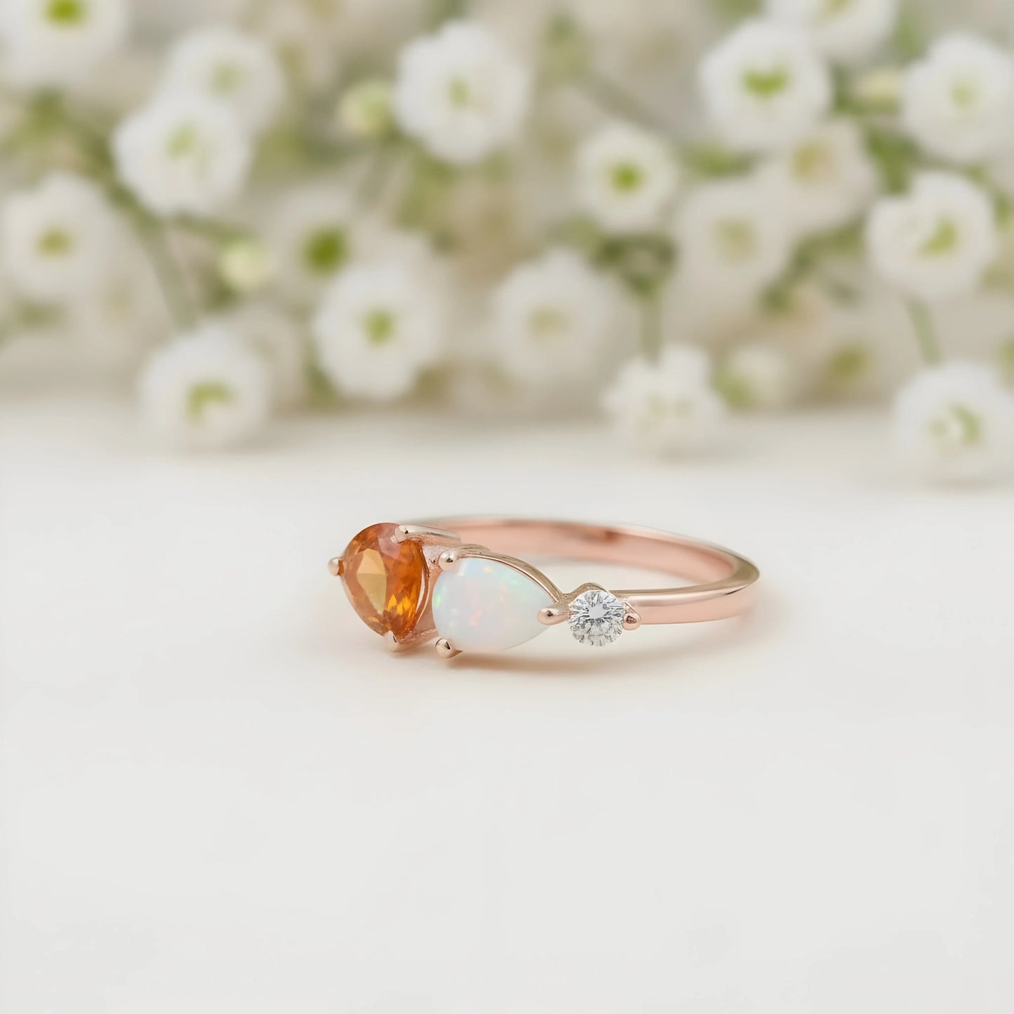 Pear Cut Citrine Art Deco Moissanite 3 Stone Wedding Band - Gigiscc