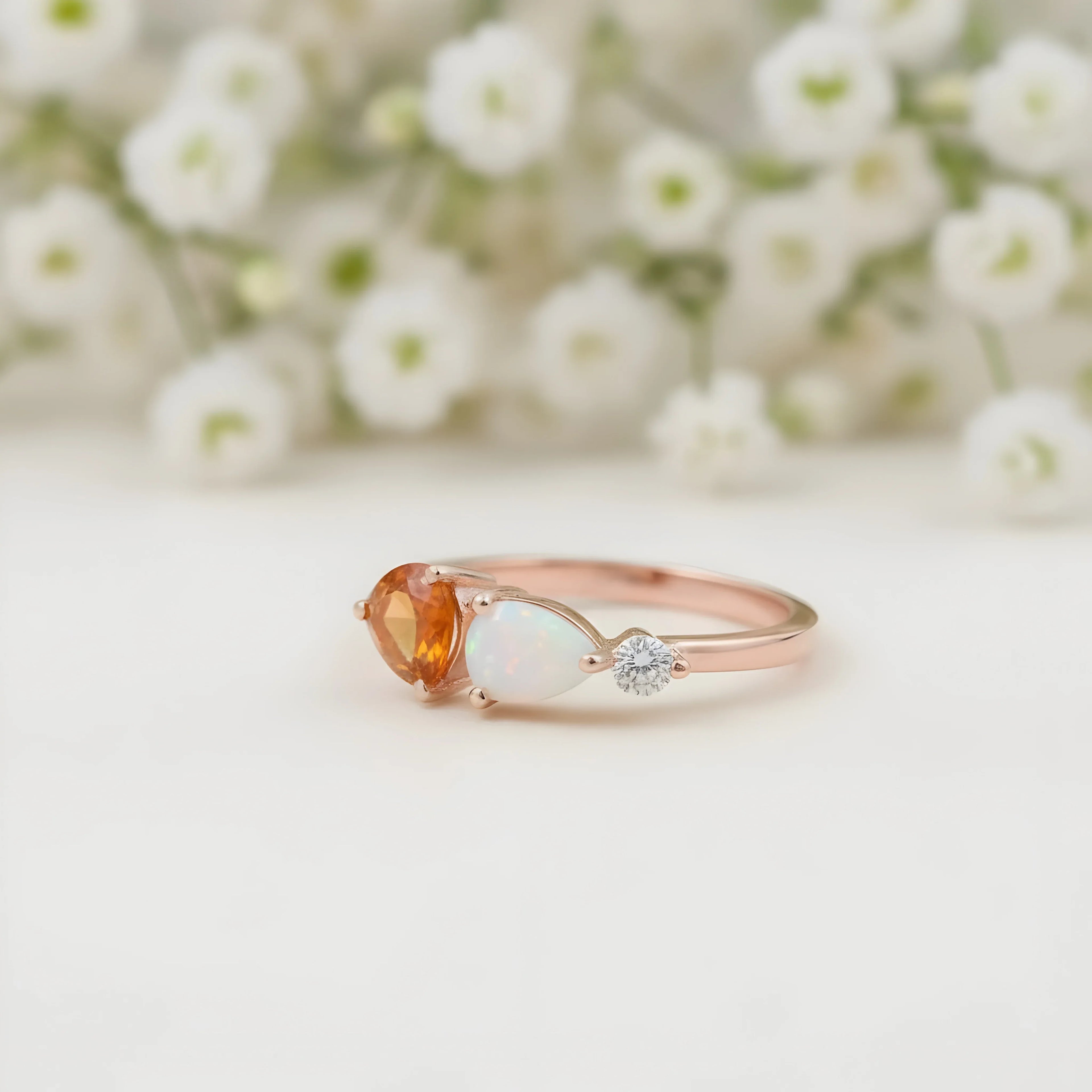 Pear Cut Citrine Art Deco Moissanite 3 Stone Wedding Band - Gigiscc