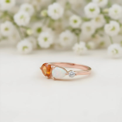 Pear Cut Citrine Art Deco Moissanite 3 Stone Wedding Band - Gigiscc