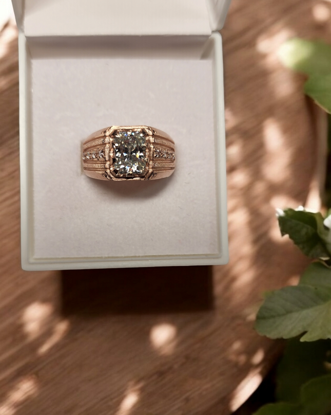 3ct Emerald Cut Moissanite Mens Ring Set in a vintage claw rose gold setting with detailed side stones. For Him. Wedding, Anniversary Ring. (Copy)