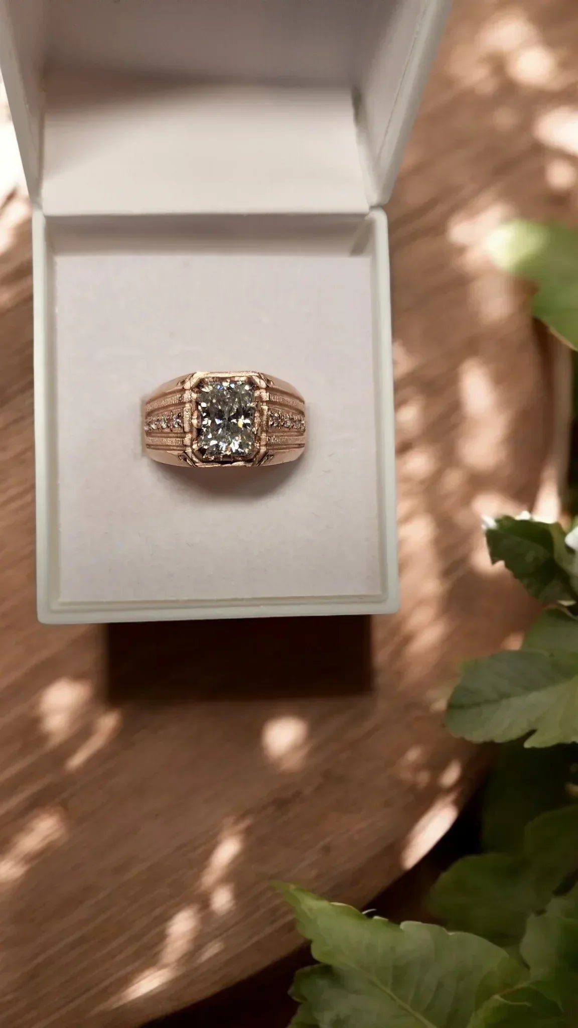 3ct Emerald Cut Moissanite Mens Ring Set in a vintage claw rose gold setting with detailed side stones. For Him. Wedding, Anniversary Ring. (Copy) - Gigiscc