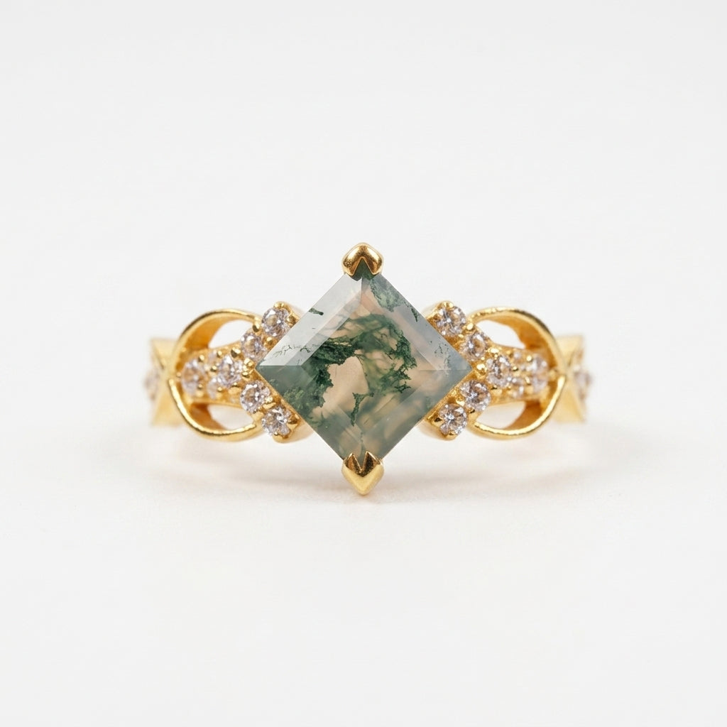 Princess cut Moss Agate engagement ring Main Image