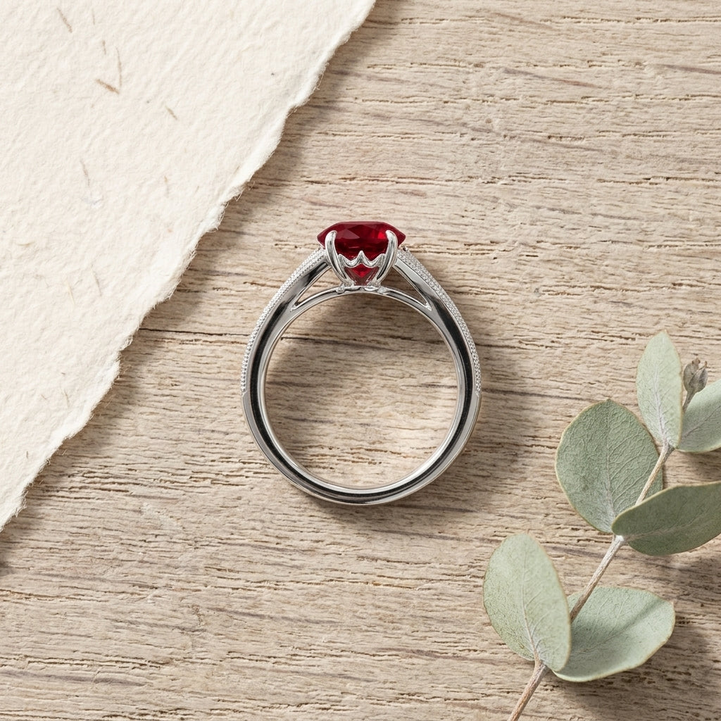 Round Ruby Split Shank Engagement Ring placed on table