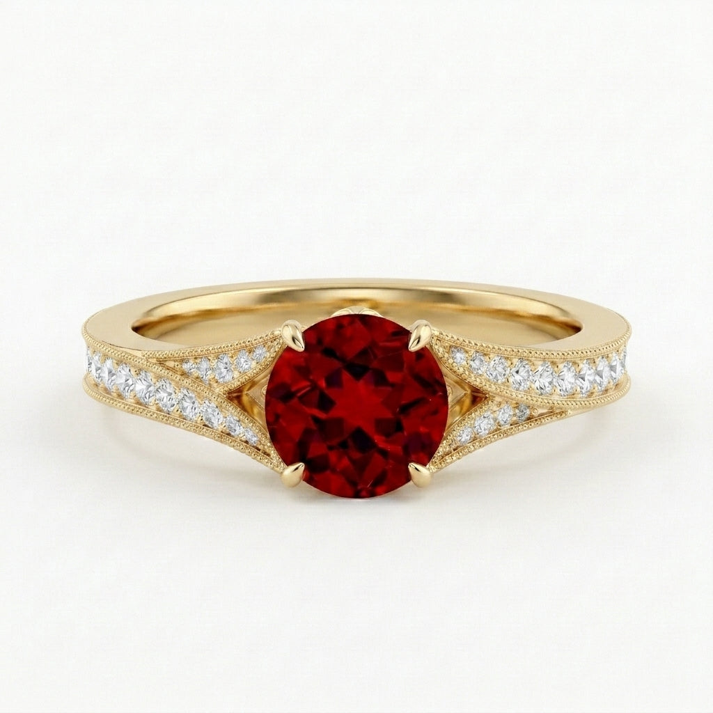 Vintage Inspired Round Ruby Split Shank Engagement Ring With  Gold  Plated