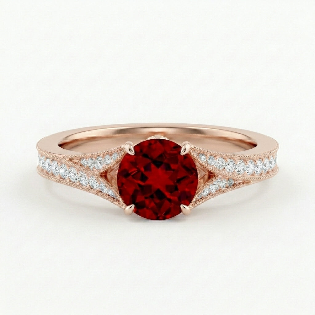 Vintage Inspired Round Ruby Split Shank Engagement Ring With Rose Gold  Plated