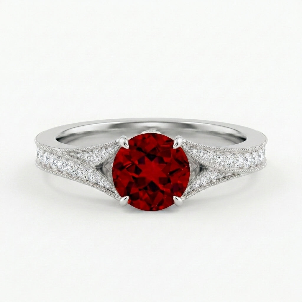 Vintage Inspired Round Ruby Split Shank Engagement Ring With Sliver  Plated