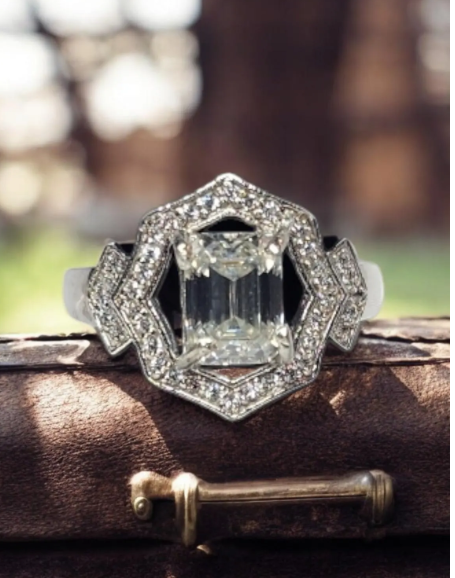 2ct Emerald Cut Moissanite ring enhanced by moissanite halo setting