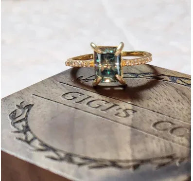 This Stunning Radiant cut Blue Green Moissanite Solitaire Ring - Gigiscc