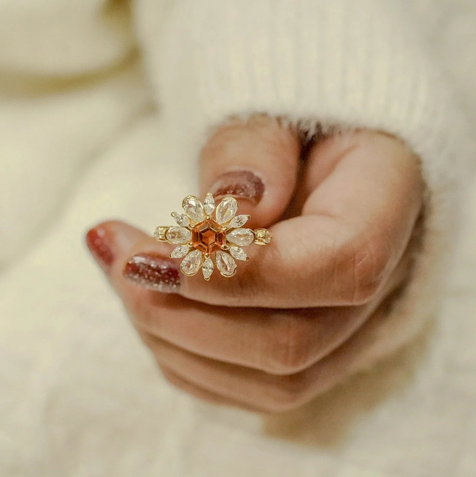 Victoria Citrine Floral CZ Engagement Ring - Gigiscc