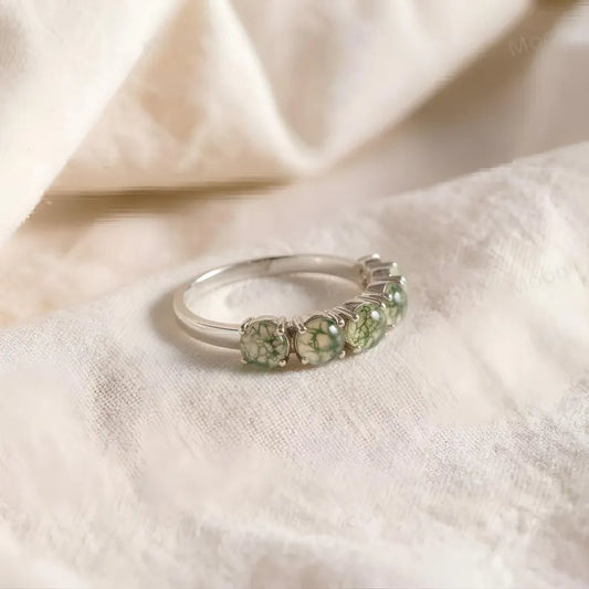 Round Cut Moss Agate Wedding Band, 5 Stone Moss Agate Ring