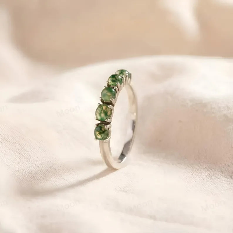 Moss Agate Wedding Band, 5 Stone Moss Agate Ring - Gigiscc