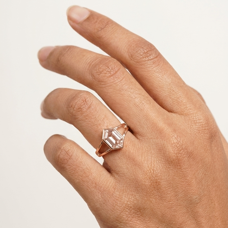 Hexagon Moissanite Bezel Set Engagement Ring Rose Gold With Model Hand