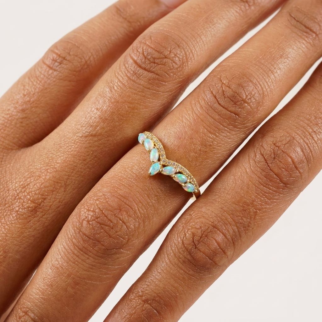Marquise Cut Fire Opal CZ Diamond Wedding Band With Hand