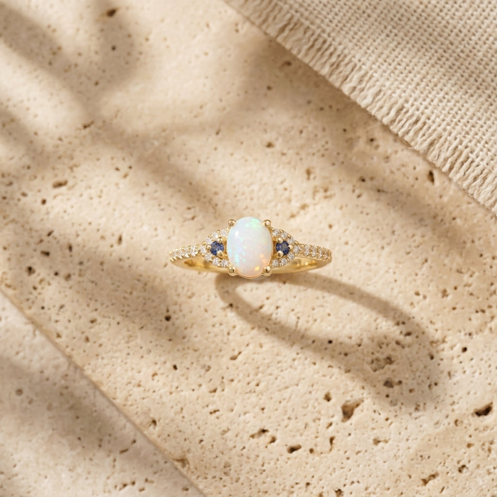 Opal & Sapphire halo Diamond Engagement Ring