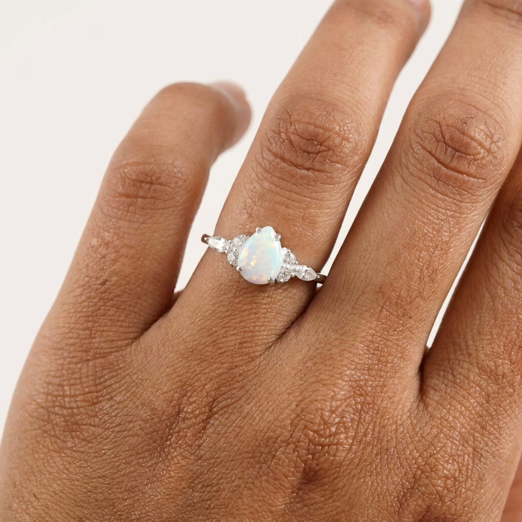 pear shaped opal cluster engagement ring | Promise bridal ring With Hand