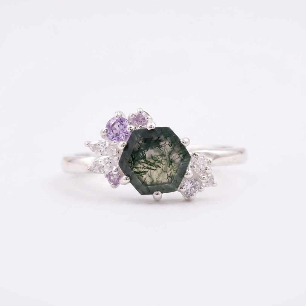 Hexagon Cut Moss Agate Cluster Art Deco Ring Main