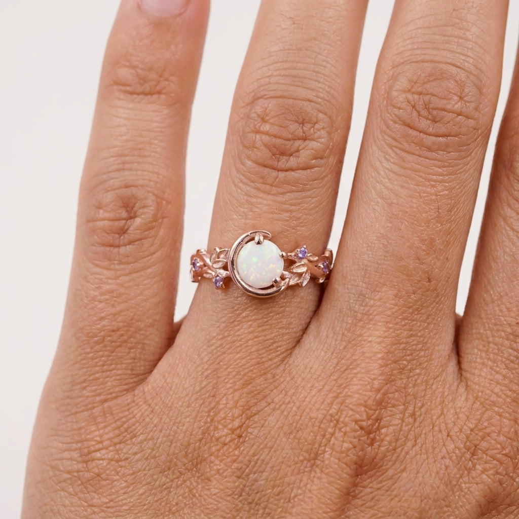 Moon Star Opal Engagement Ring with Amethyst Band With Hand