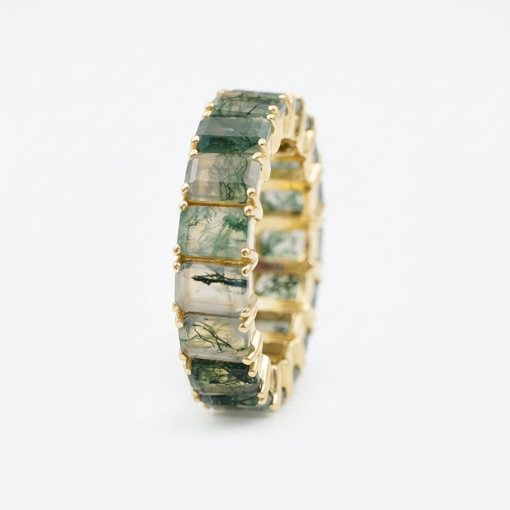 Baguette Cut Moss Agate Wedding Band 10K Sold Gold With Gold Plated