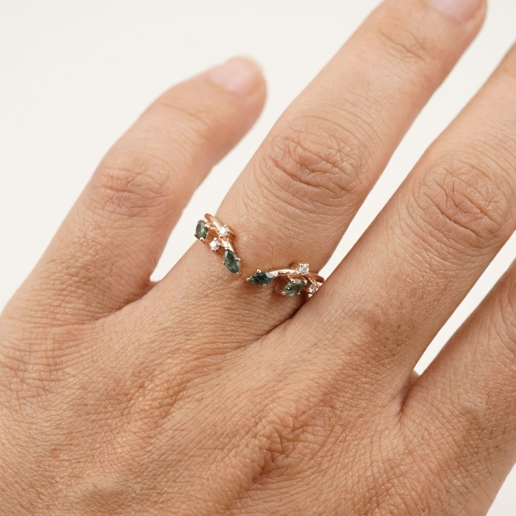 Natural Moss Agate Open Wedding Band With Hand