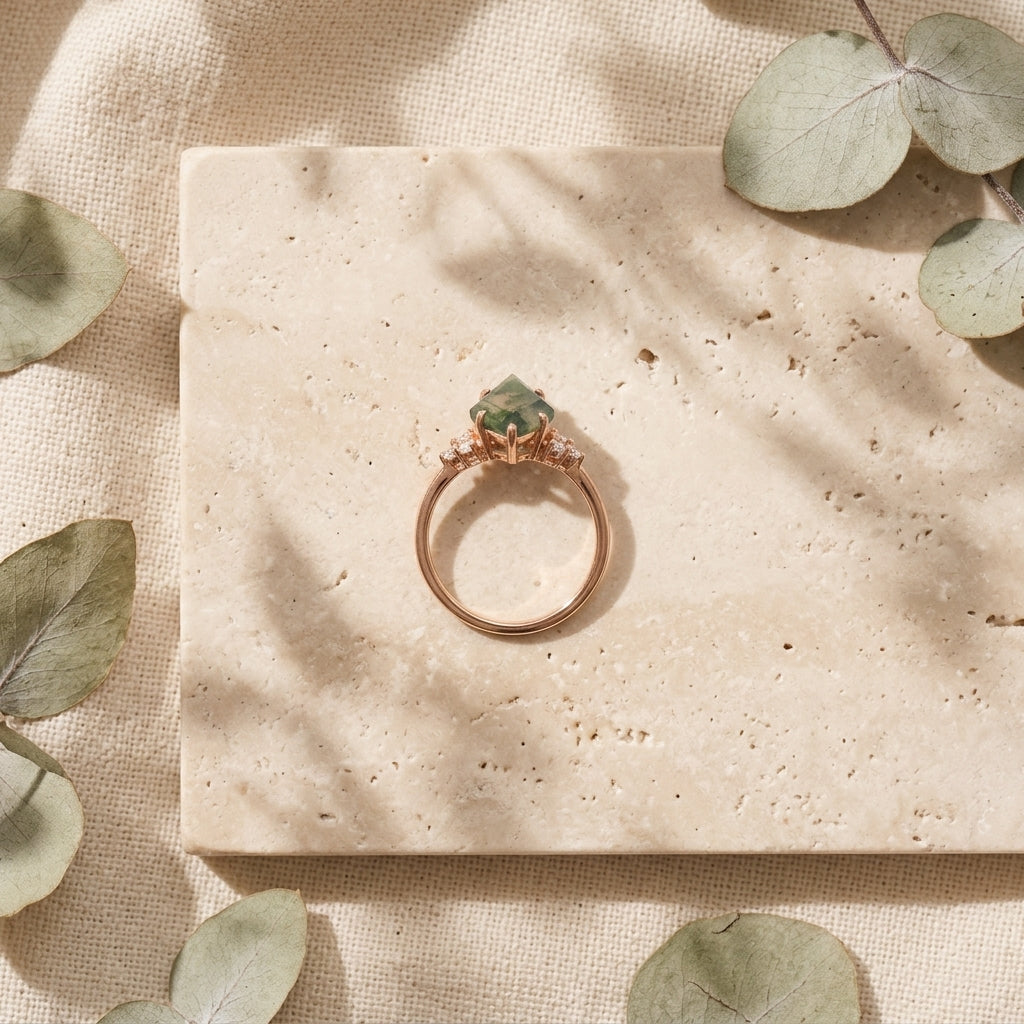 Kite Shaped Moss Agate Engagement Ring