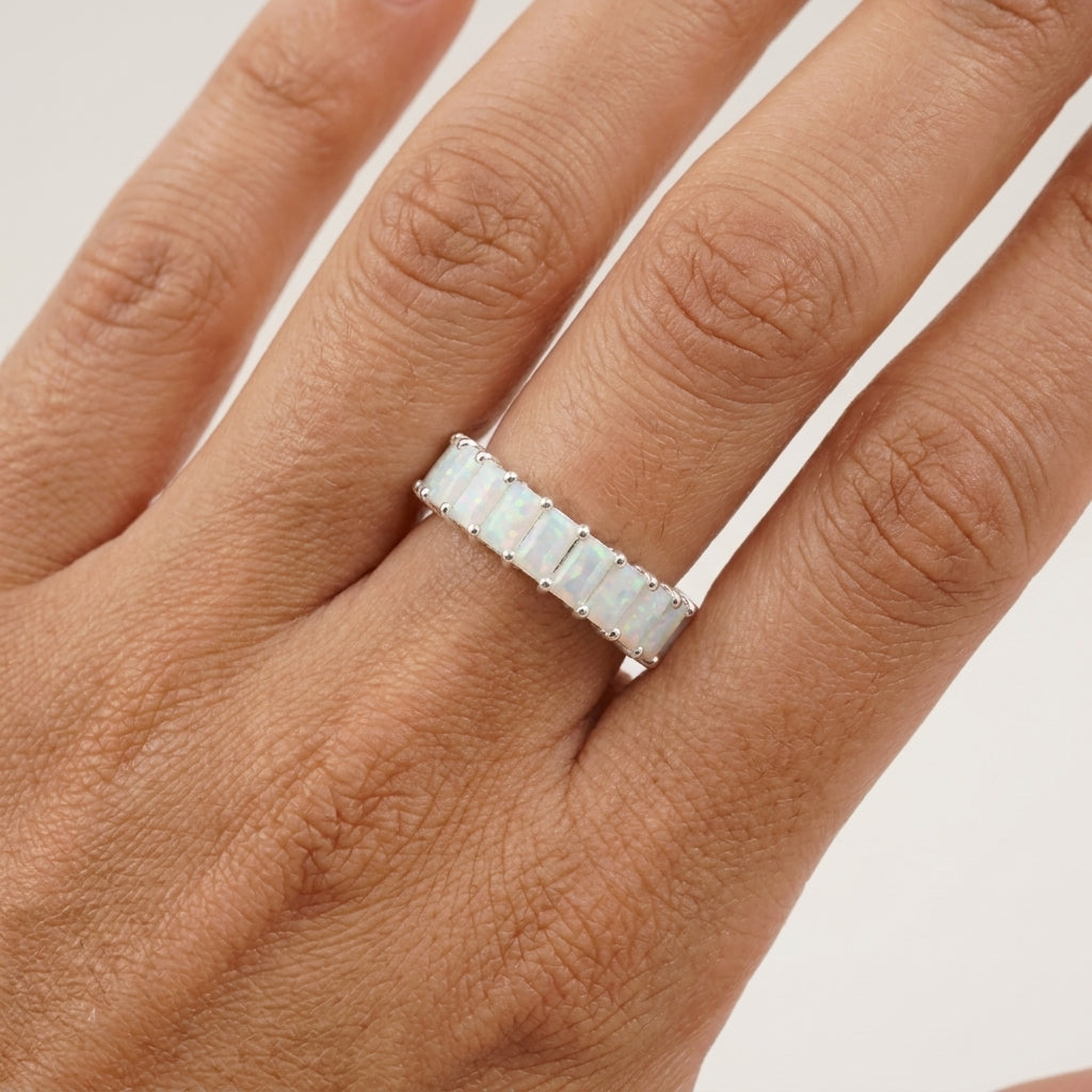 Baguette Cut Fire Opal Wedding Band 925 Sterling Silver with model hand