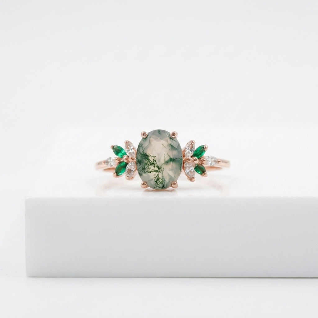 Oval Moss Agate Marquise Emerald And CZ Engagement Ring with rose gold plated