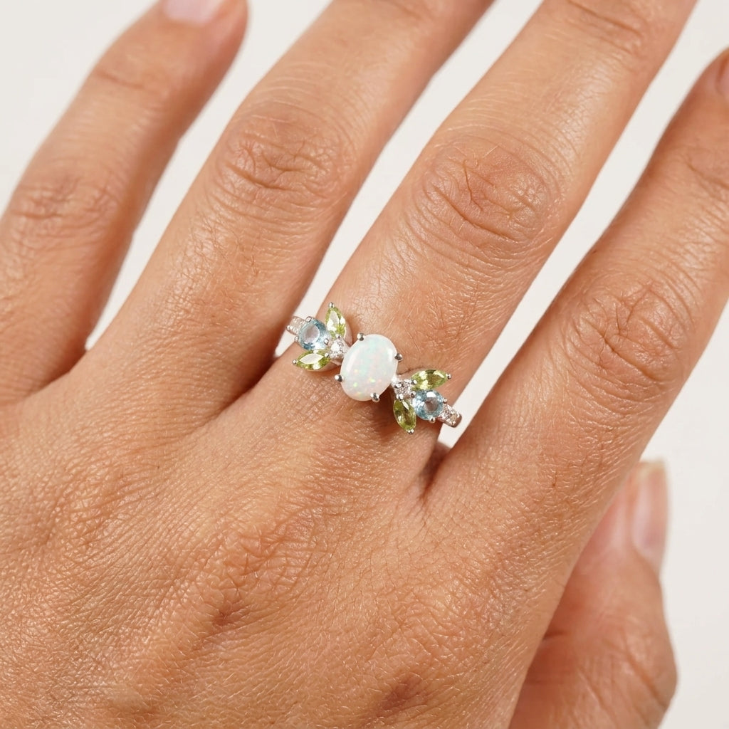 Oval Cut Fire Opal Cluster October Birthstone Engagement Ring With Hand