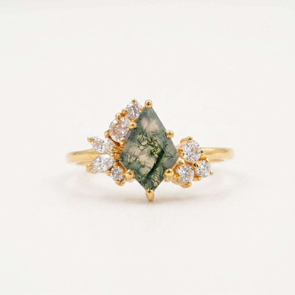 Kite Cut Moss Agate Cluster Diamond Engagement Ring With Gold Plated