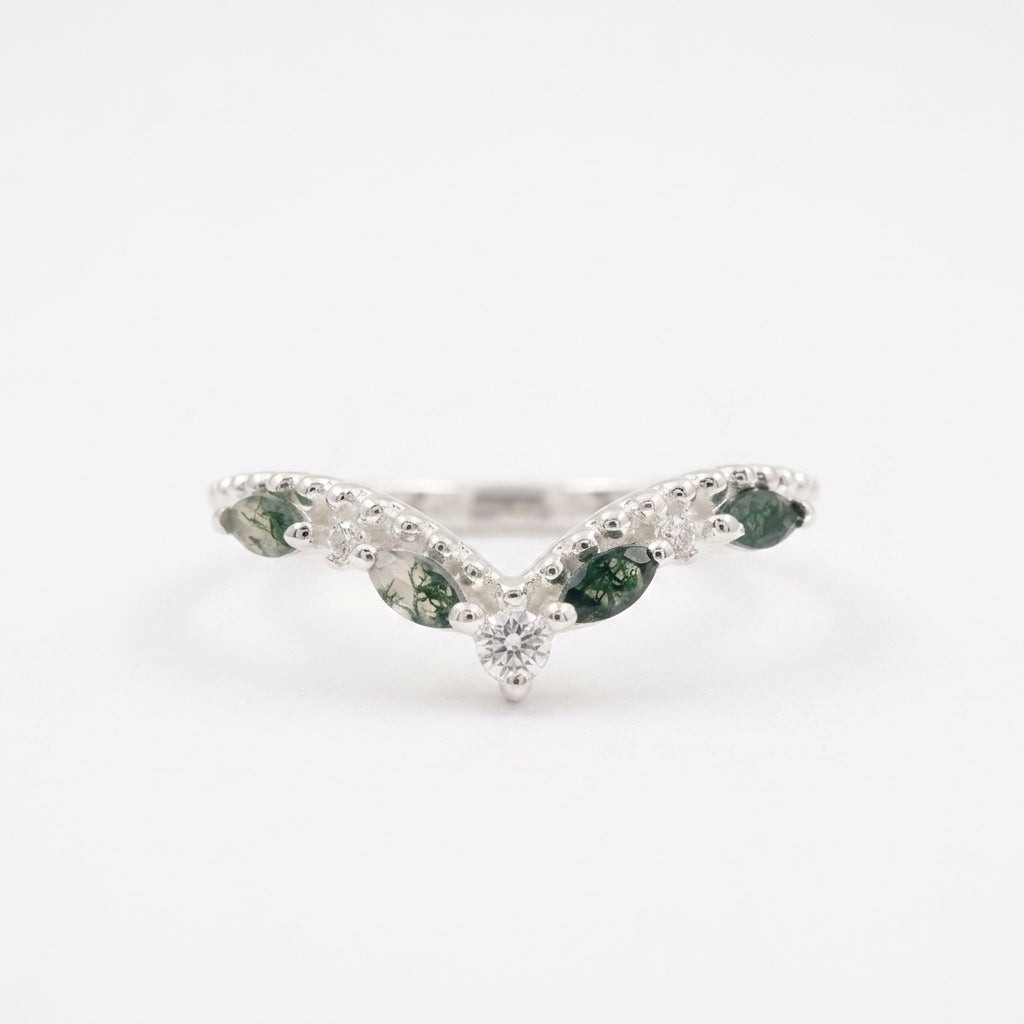 Marquise Moss Agate Wedding Band 925 Sterling Silver Ring