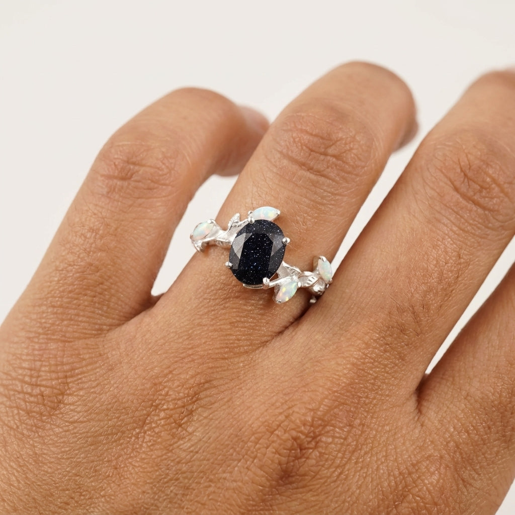 Oval Blue Sandstone Leaf Opal Silver Engagement Ring