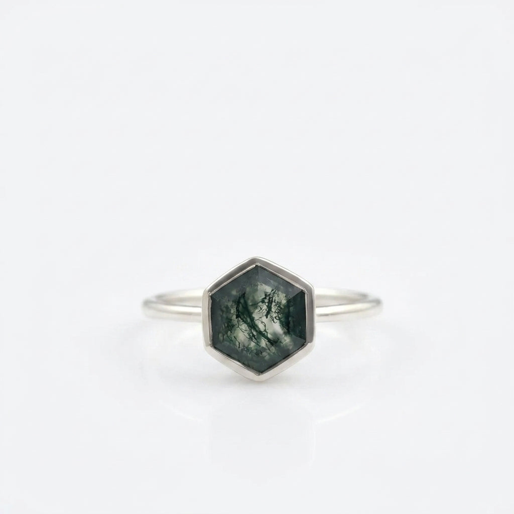 Hexagon Cut Moss Agate Bezel Set Engagement Ring Main