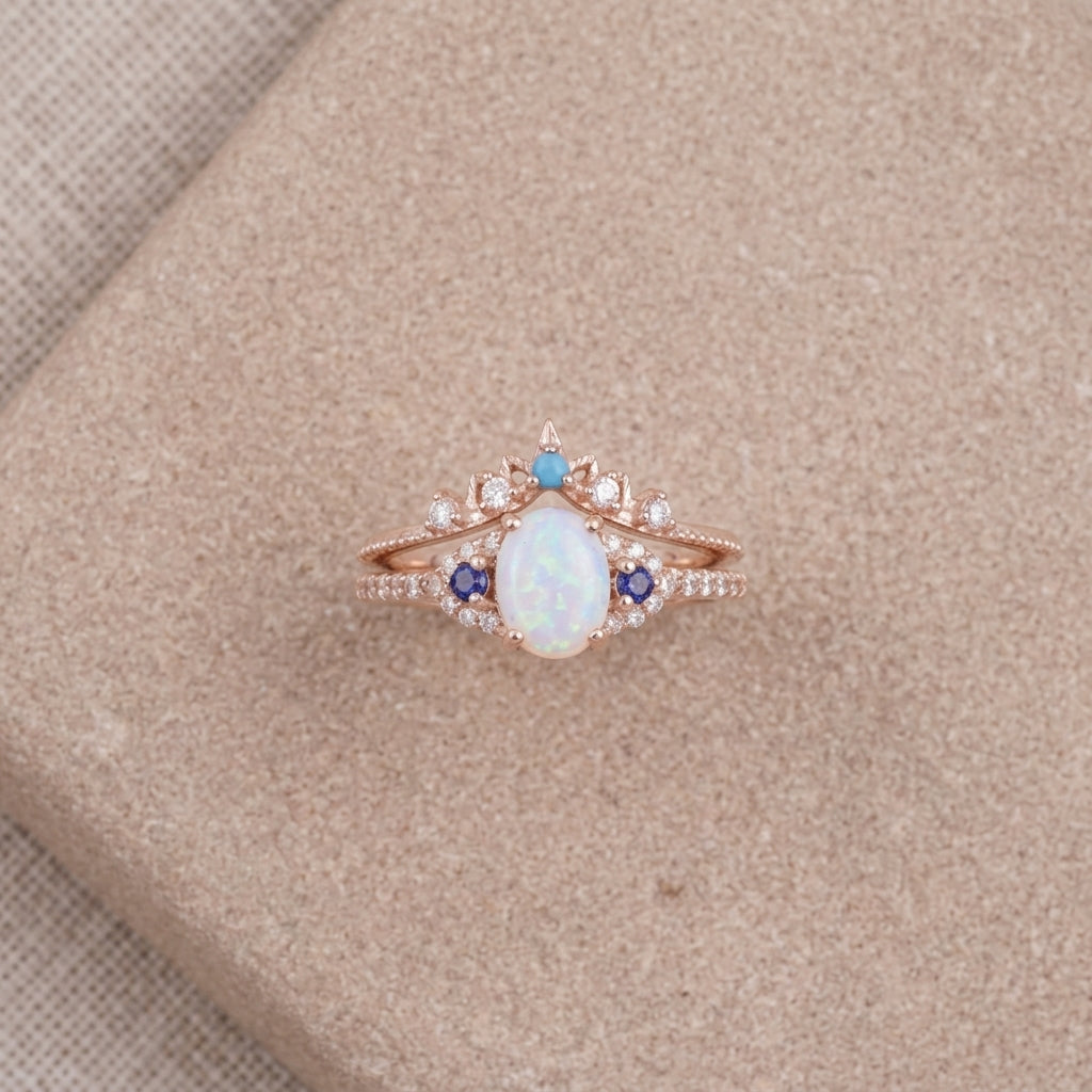 Fire Opal Engagement Ring Set with Curved Band