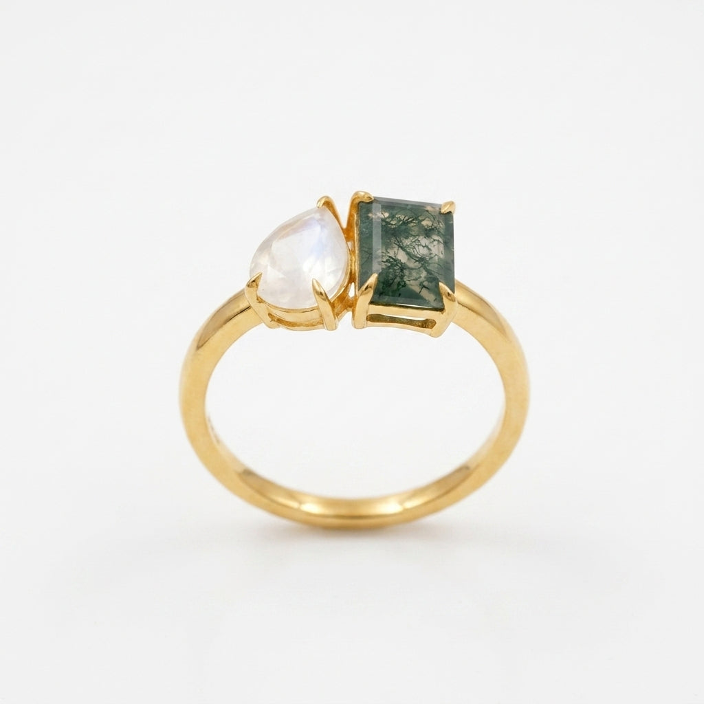Double Stone Moss Agate And Moonstone Toi Et Moi Engagement Ring With Gold Coated