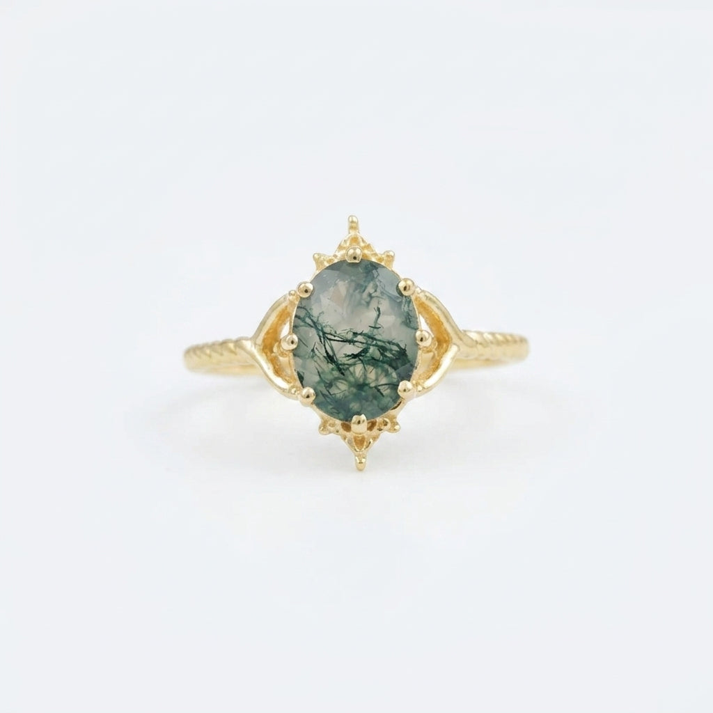 Vintage Oval Moss Agate 14k Gold Engagement Ring Main