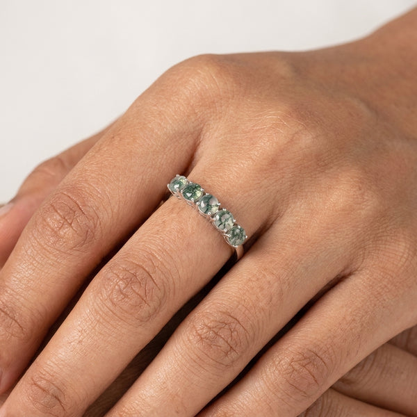 Moss Agate Wedding Band, 5 Stone Moss Agate Ring - Gigiscc With Model Hand