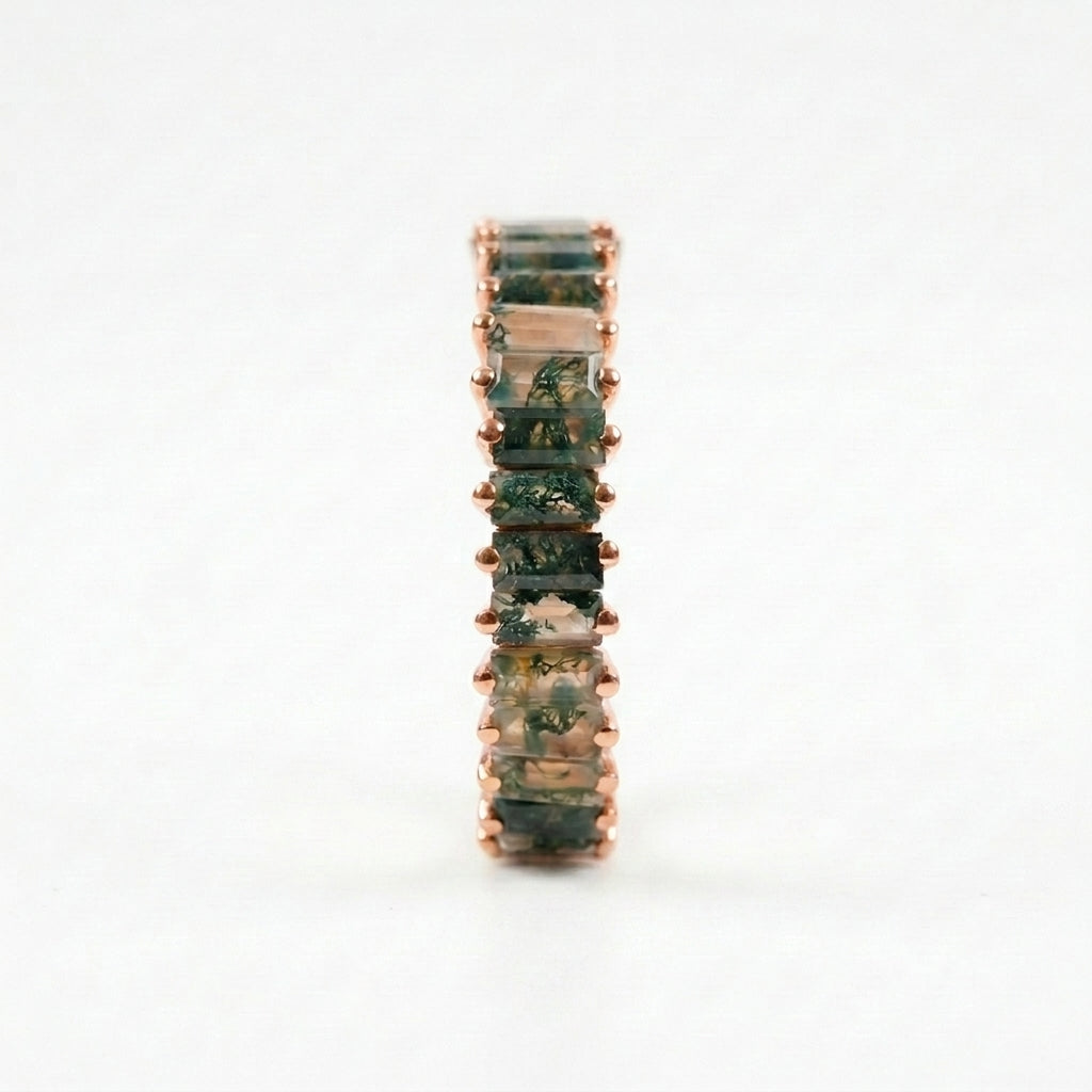 Baguette Cut Moss Agate Stone Wedding Band with rose gold
