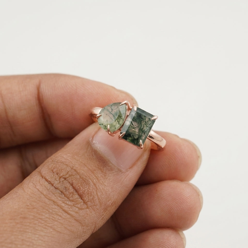 Toi Et Moi Moss Agate Emerald & Pear Cut Ring With Hand