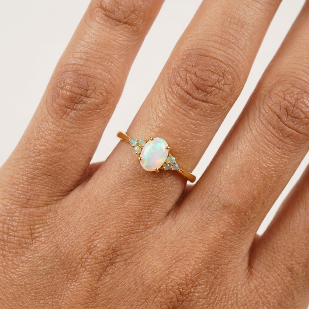 White Opal Oval Cut Engagement Ring October Birthstone With Hand