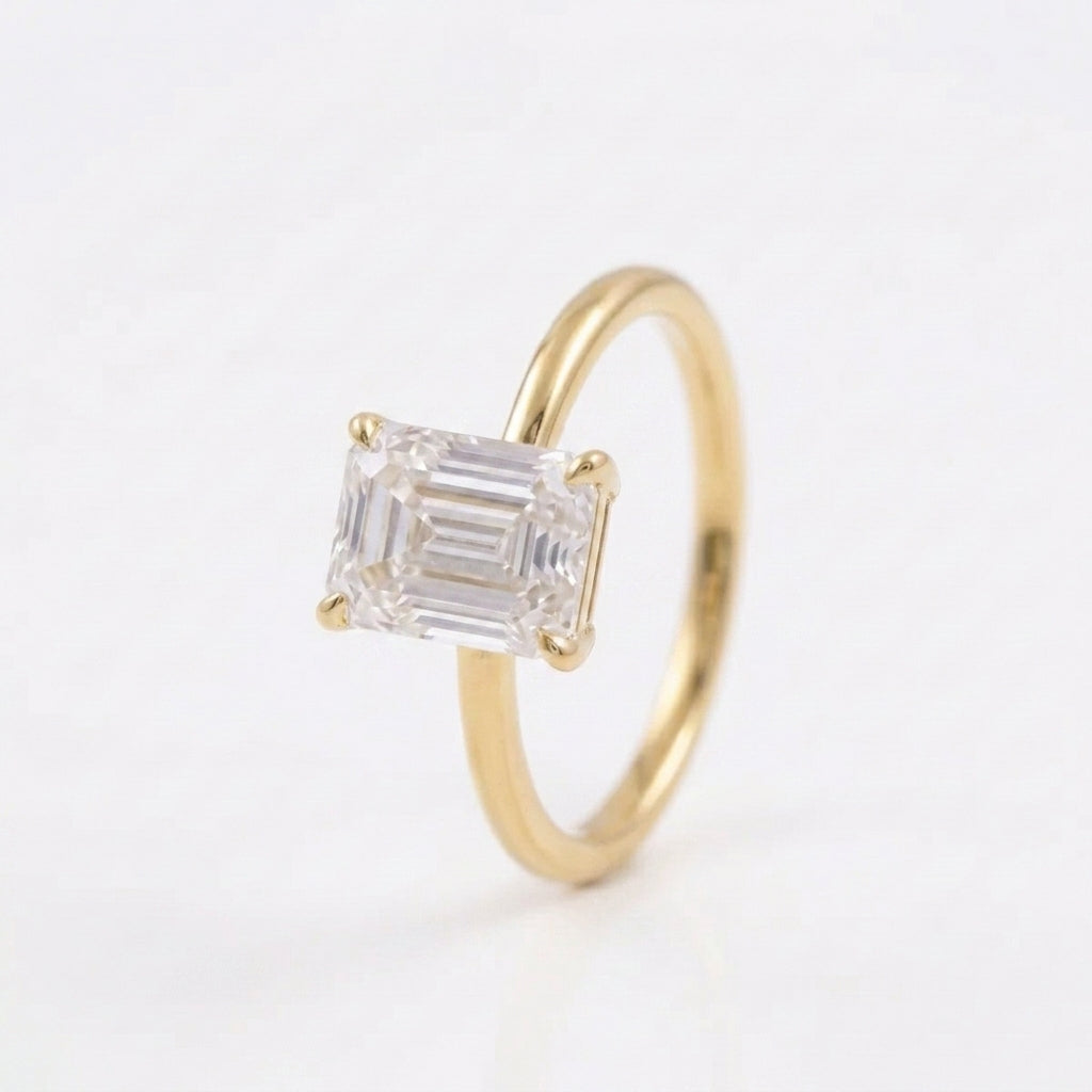 Emerald Cut Moissanite Diamond Solitaire Engagement With Gold Plated