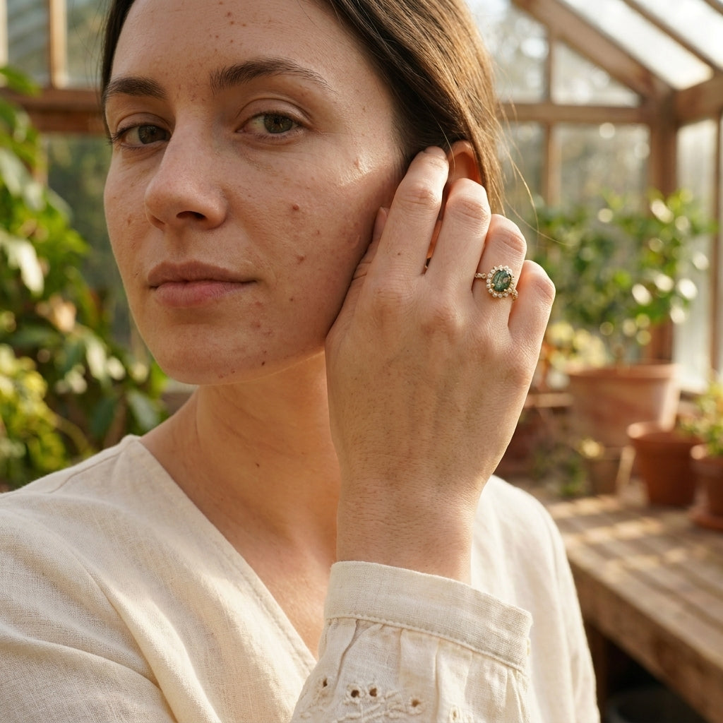 Oval Moss Agate Halo Diamond Engagement Ring 14K Yellow Gold With Model
