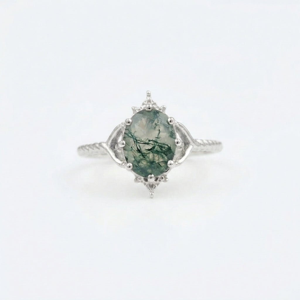 Vintage Oval Moss Agate 14k Gold Engagement Ring With Silver Coated